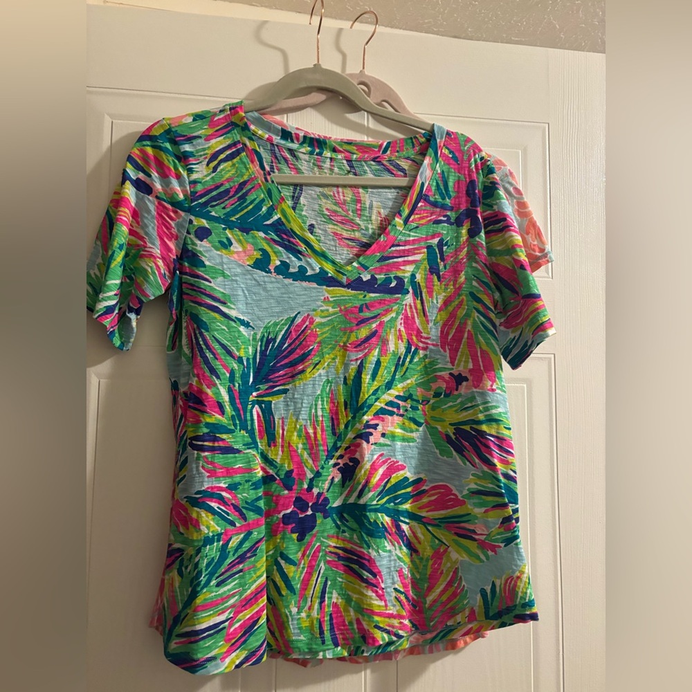 Lilly Pulitzer Pink, Blue and Green tropical print, Short Sleeve Tee, EUC!